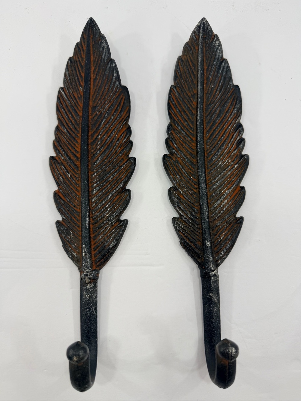 *2* Vintage Cast Iron Feather Wall Hooks Rustic Brutalist Decor 9.5" Pair